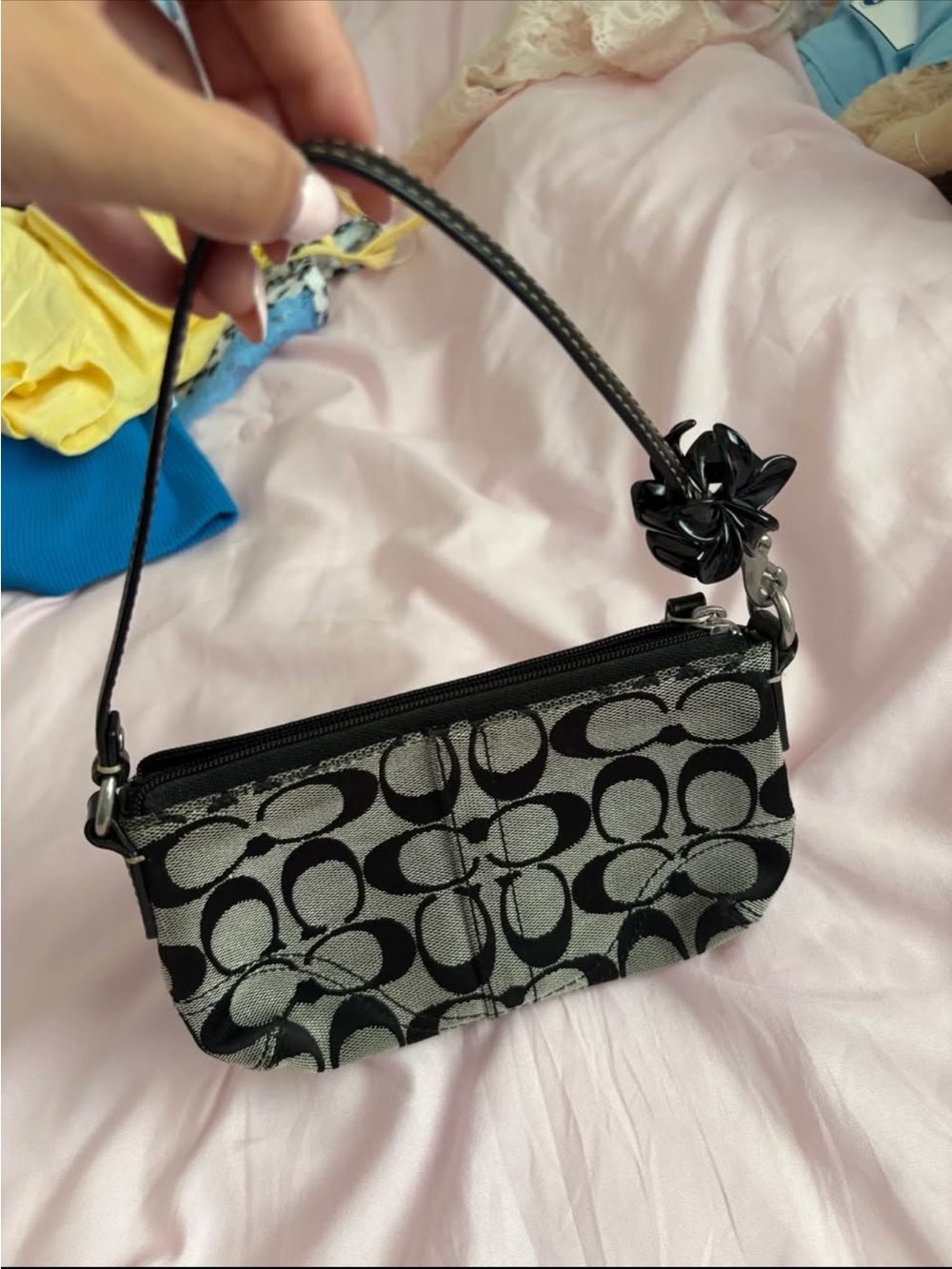 Coach Black & Gray Signature Floral Accent Wristlet